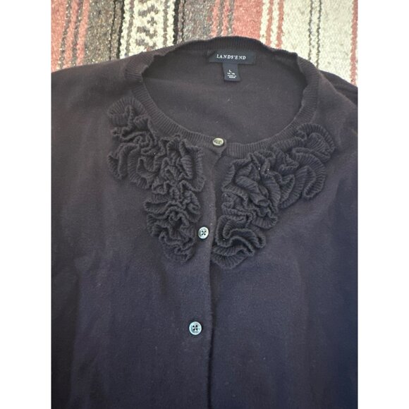 Lands End Womens Black Cardigan Sweater Applique L 14-16 Wool Blend Classic Prep - Picture 3 of 5
